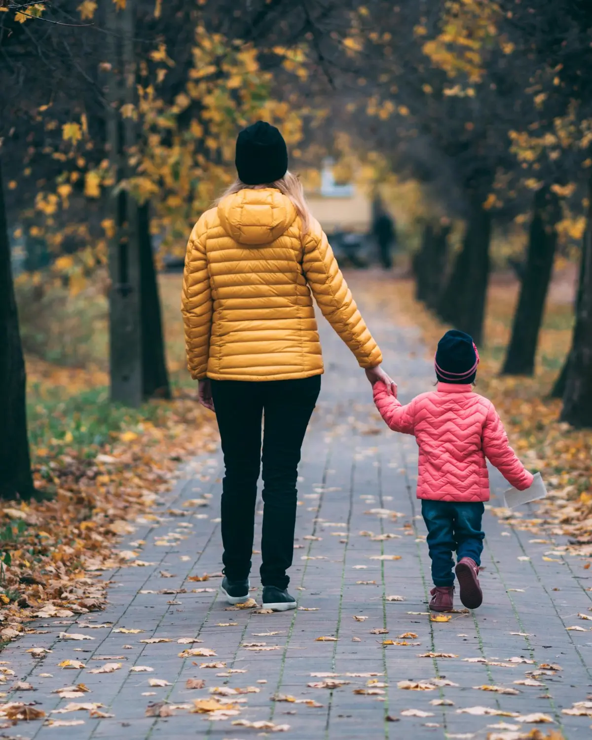 De dos, une mère et son enfant marchent main dans la main dans une allée d'automne