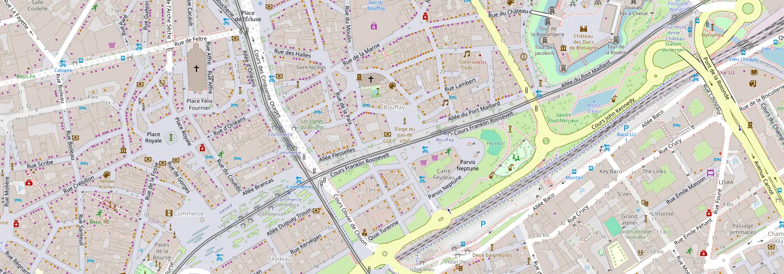 Plan du quartier Bouffay à Nantes, entre la place du Bouffay, le cours Franklin Roosevelt et le château des ducs de Bretagne