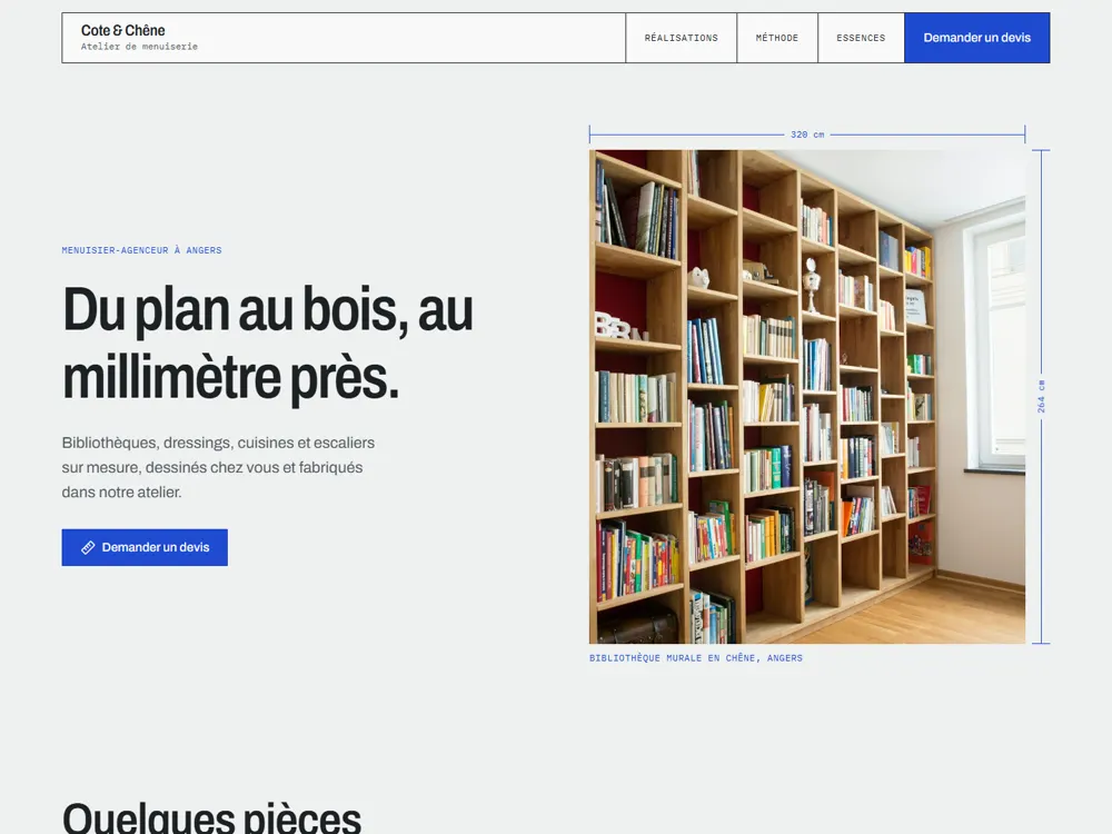 Page d'accueil d'Atelier Cote et Chêne, menuisier de démonstration