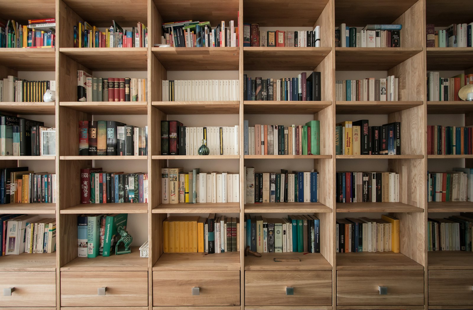Grande bibliothèque murale en bois clair remplie de livres